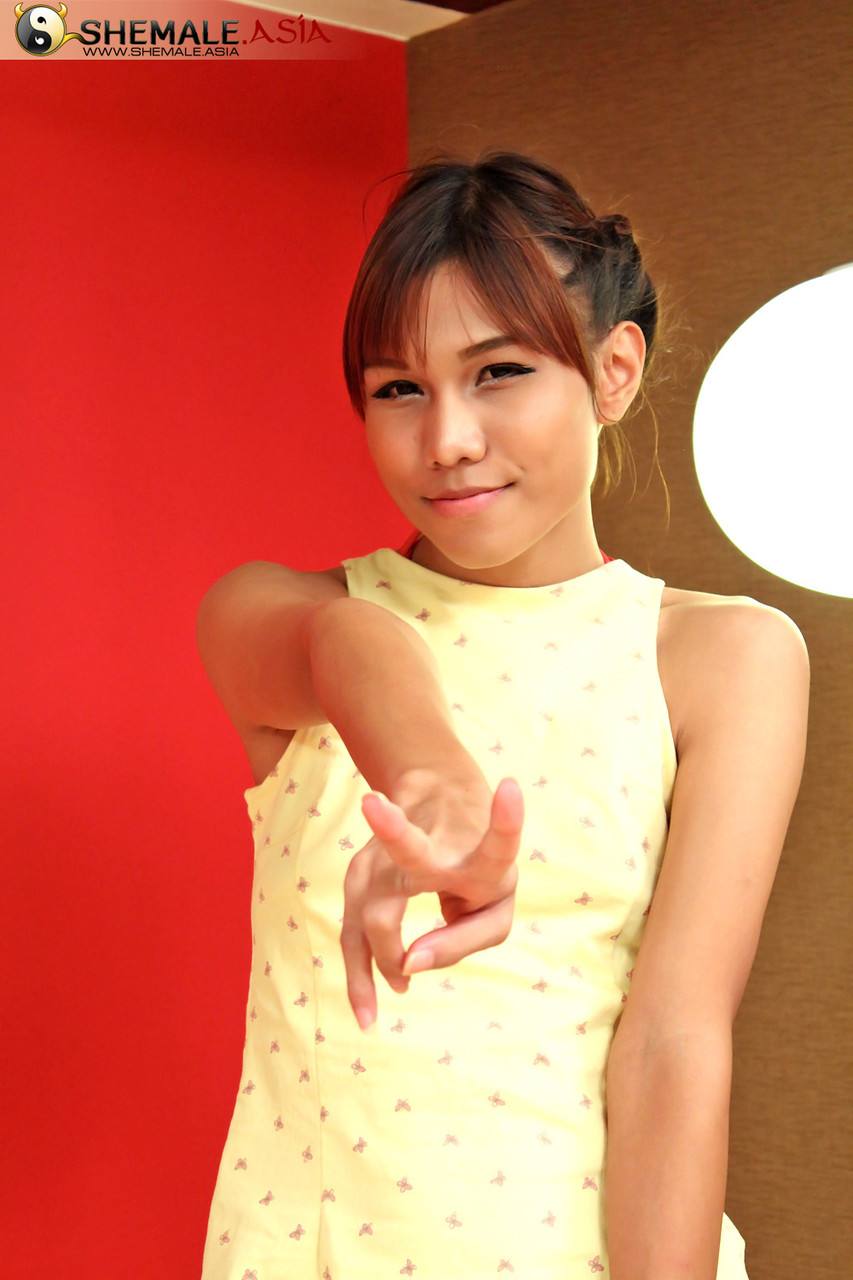 Asian ladyboy Nongtoey removes her yellow dress and poses