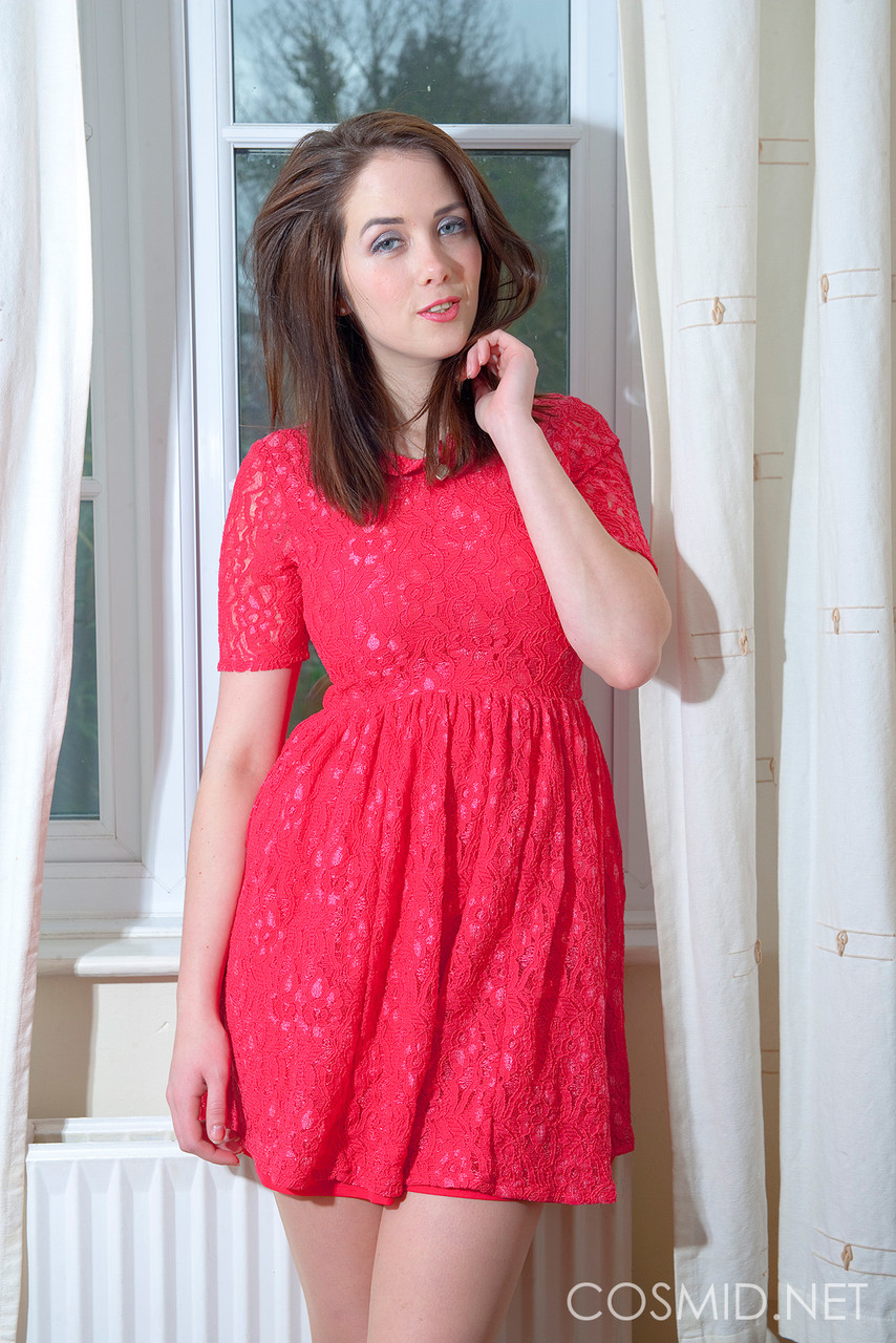 Seductive model Elizabeth James sheds her red dress to reveal nice big tits