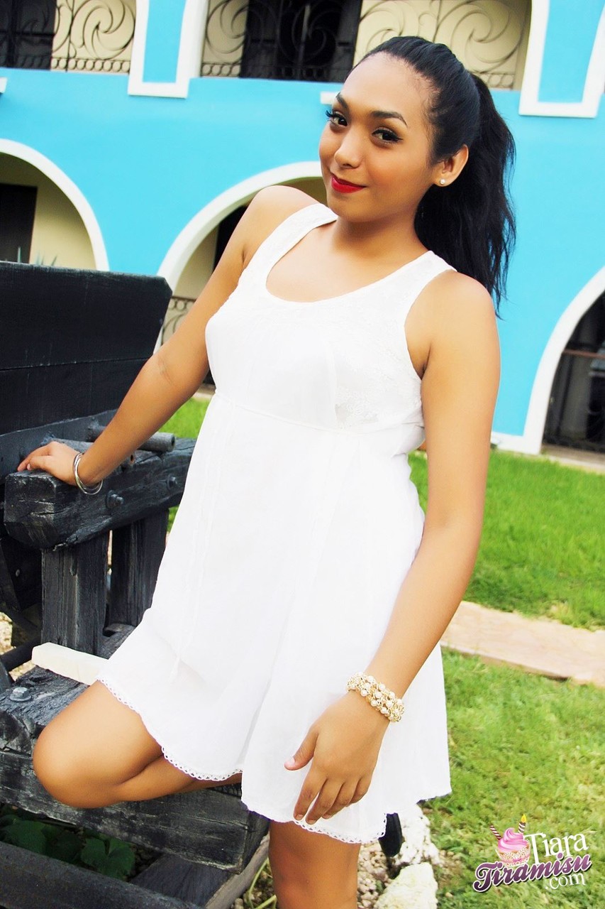Tiara Tiramisu Official White dress and upskirt outdoors