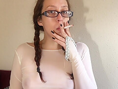 Sexy Goddess And See Top In D Smoking In See Through Top With Pigtails And Glasses