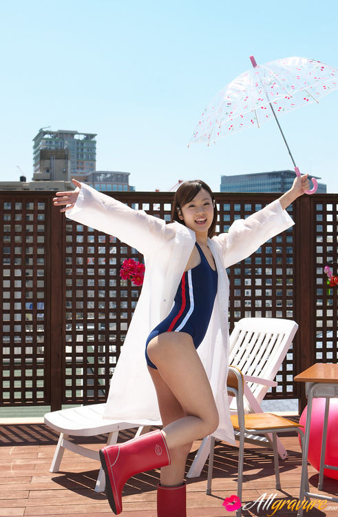 Kana Yuuki Asian In Bath Suit Plays With Umbrella In The Balcony